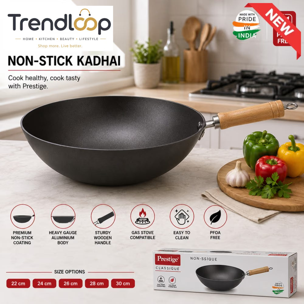 PRESTIGE CLASSIQUE NON-STICK KADHAI WITH WOODEN HANDLE - 32 CM