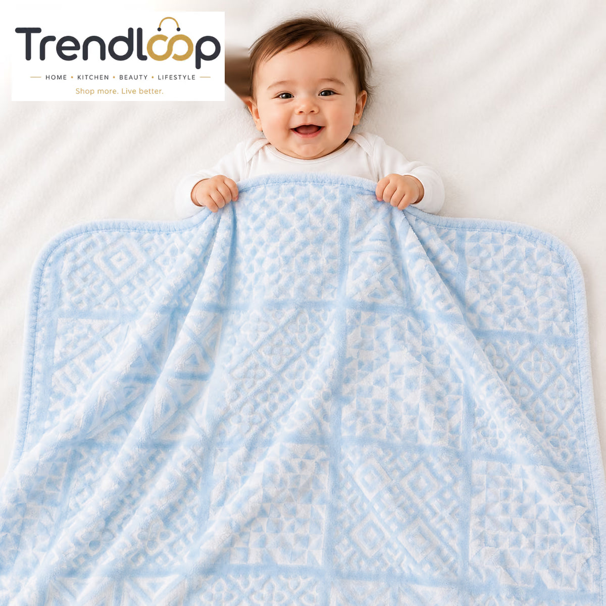HAPPIMUMS BABY PLUSH SLEEPING BLANKET DOUBLE PLY BLUSH PATCHWORK 110 x 80 - BLUE