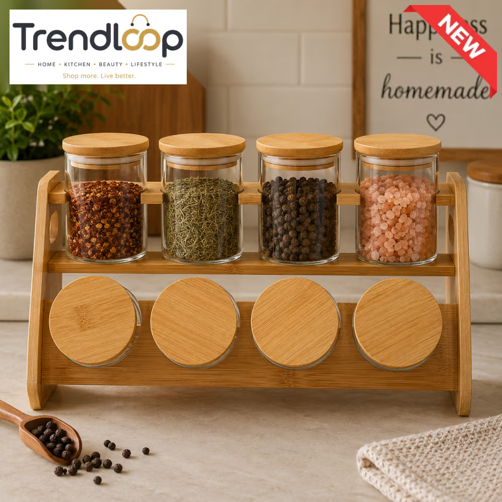 8-JAR GLASS SPICE STORAGE RACK WITH - BAMBOO LIDS