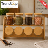 8-JAR GLASS SPICE STORAGE RACK WITH - BAMBOO LIDS