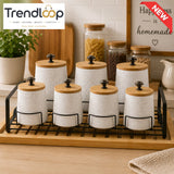 7-PIECE CERAMIC KITCHEN STORAGE CANISTER SET WITH METAL RACK - WHITE
