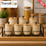 7-PIECE CERAMIC KITCHEN STORAGE CANISTER SET WITH METAL RACK - BIEGE