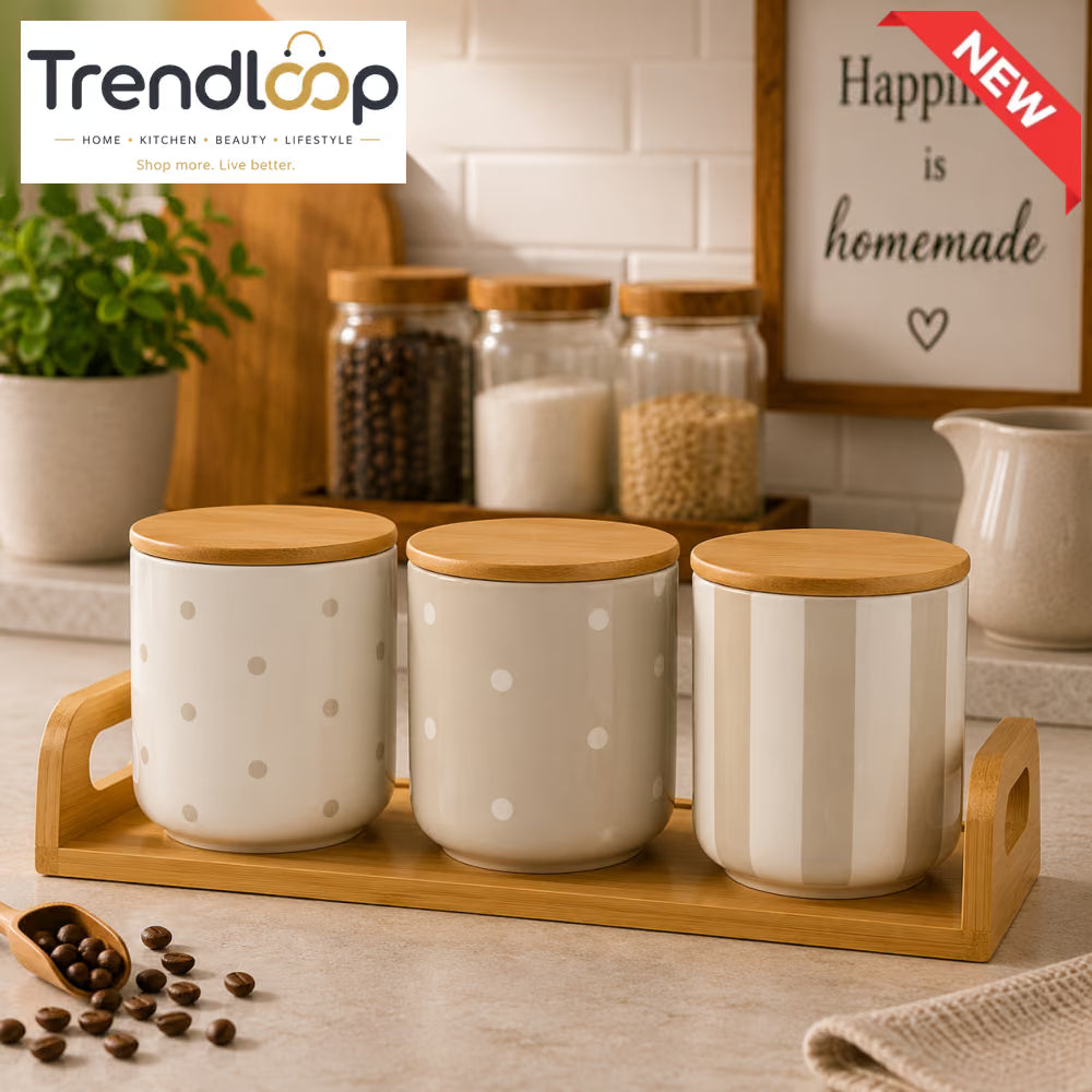 3-PIECE CERAMIC STORAGE CANISTER SET WITH BAMBOO TRAY - MIXED MINIMAL