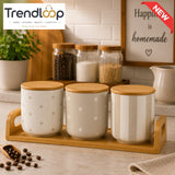 3-PIECE CERAMIC STORAGE CANISTER SET WITH BAMBOO TRAY - MIXED MINIMAL