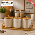 3-PIECE CERAMIC STORAGE CANISTER SET WITH BAMBOO TRAY - MINIMAL STRIPES