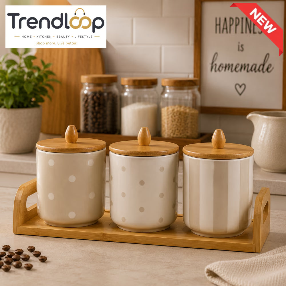 3-PIECE CERAMIC STORAGE CANISTER SET WITH BAMBOO TRAY - MINIMAL STRIPES