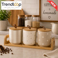 3-PIECE CERAMIC KITCHEN STORAGE CANISTER SET WITH BAMBOO TRAY - MINIMAL DOTS