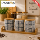 3-PIECE CERAMIC STORAGE CANISTER SET WITH BAMBOO TRAY WOVEN WEAVE