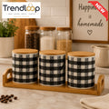 3-PIECE CERAMIC KITCHEN STORAGE CANISTER SET WITH BAMBOO TRAY - BUFFALO CHECK