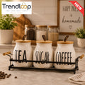 CERAMIC TEA, SUGAR & COFFEE STORAGE CANISTER SET WITH METAL RACK MATTE BLACK