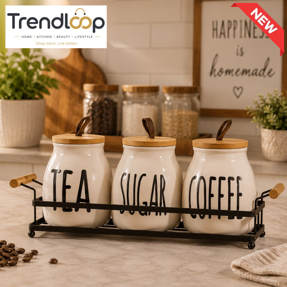 CERAMIC TEA, SUGAR & COFFEE STORAGE CANISTER SET WITH METAL RACK MATTE BLACK