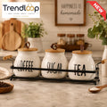CERAMIC COFFEE, SUGAR & TEA CANISTER SET WITH METAL RACK  RUSTICA