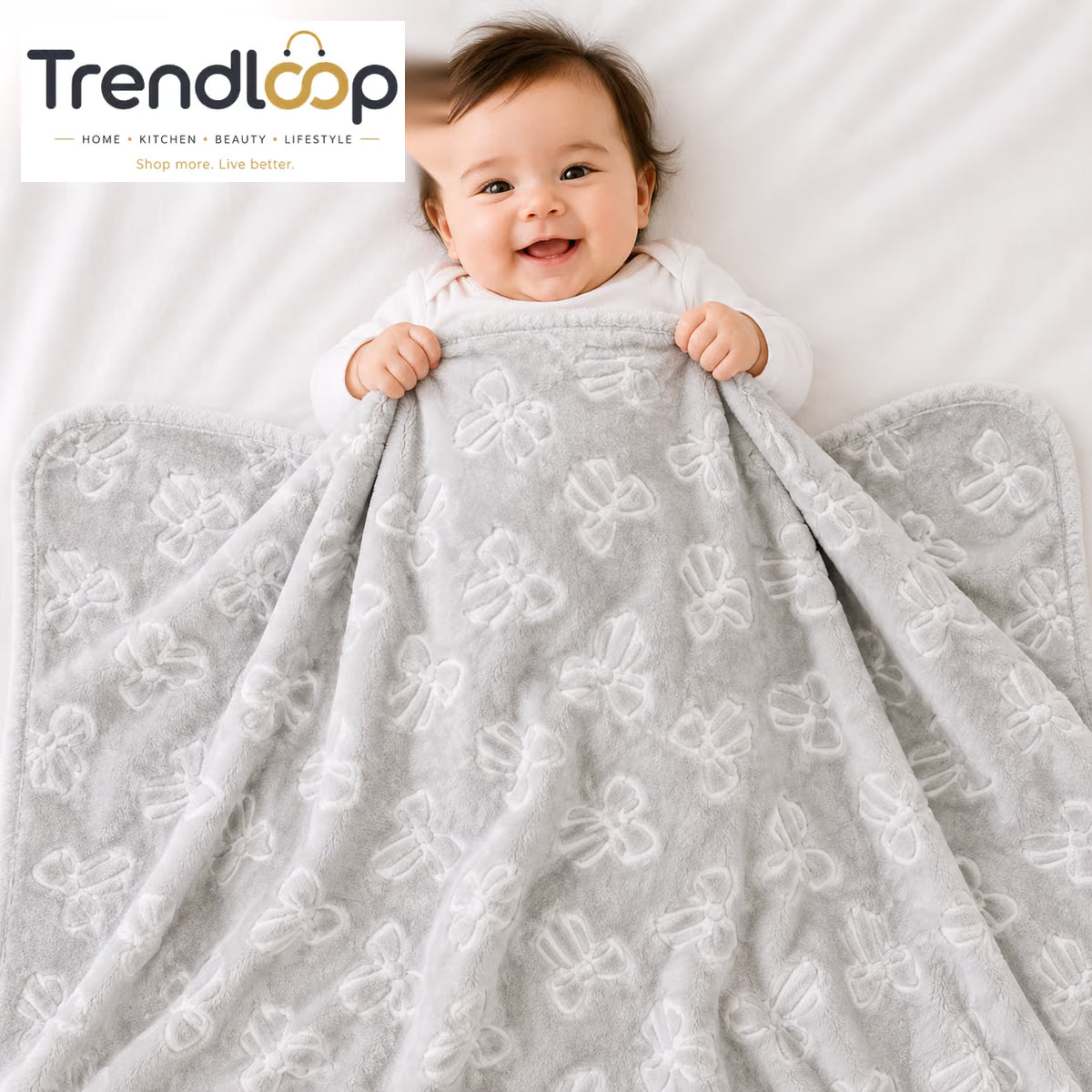 HAPPIMUMS BABY PLUSH SLEEPING BLANKET DOUBLE PLY SWEET RIBBON 110 x 80 - GREY