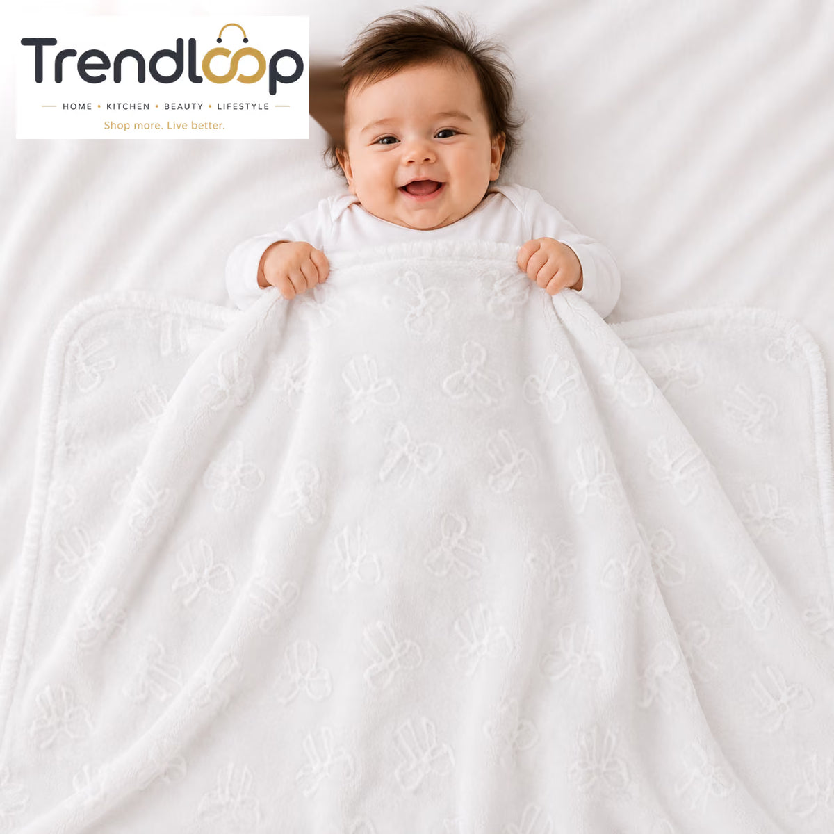 HAPPIMUMS BABY PLUSH SLEEPING BLANKET DOUBLE PLY SWEET RIBBON 110 x 80 - WHITE