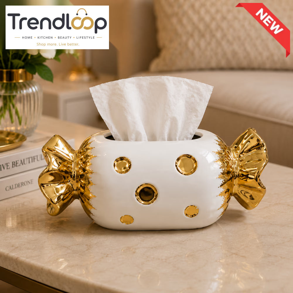 CERALUXE CANDY SHAPE CERAMIC TISSUE BOX HOLDER – WHITE & GOLD