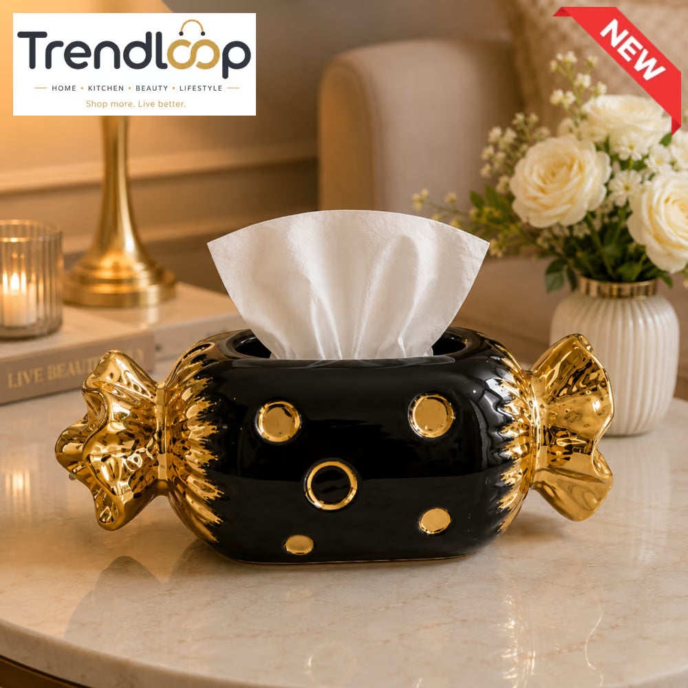 CERALUXE CANDY SHAPE CERAMIC TISSUE BOX HOLDER - BLACK&GOLD