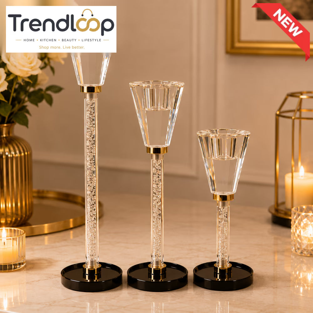 LUXURY CRYSTAL GLASS TAPER CANDLE HOLDER SET - 3 PCS