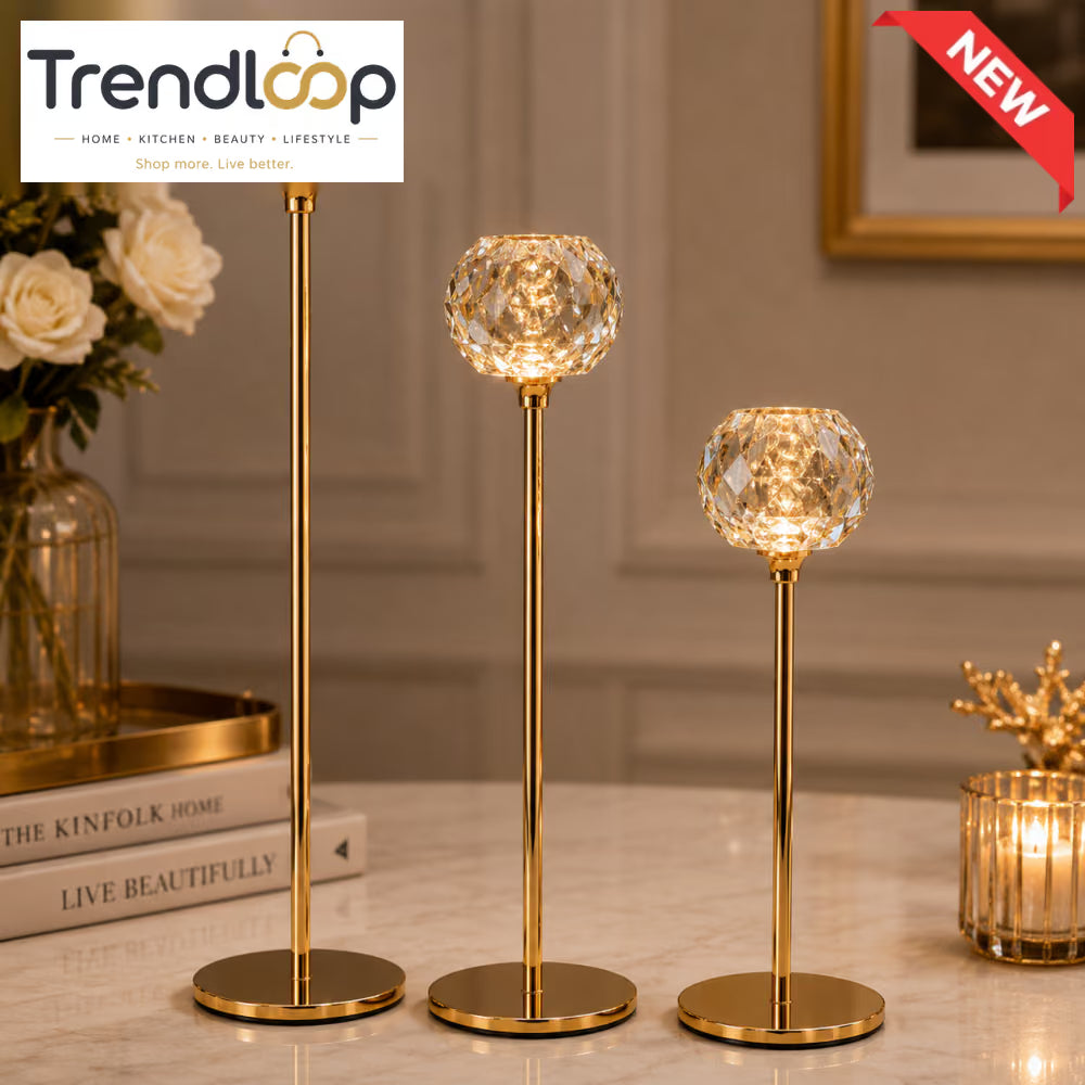 LUXURY GOLD CRYSTAL TEALIGHT CANDLE HOLDER SET - 3 PCS