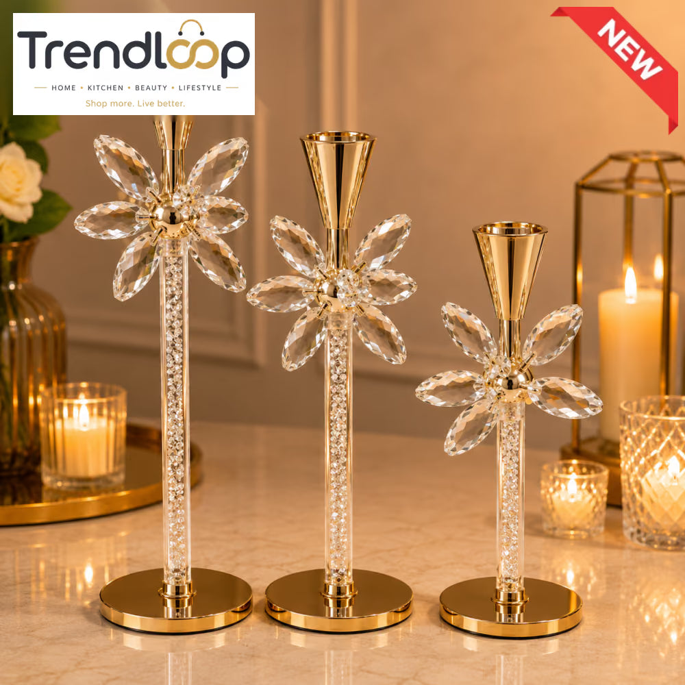 LUXURY CRYSTAL FLOWER TAPER CANDLE HOLDER SET - 3 PCS
