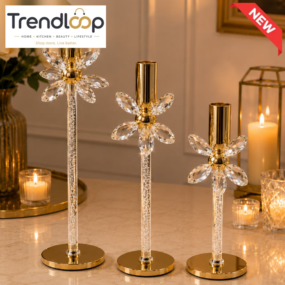 LUXURY CRYSTAL FLOWER TAPER CANDLE HOLDER SET - 3 PCS