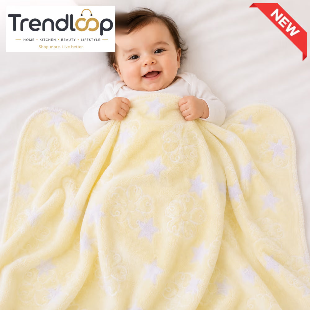 HAPPIMUMS BABY PLUSH SLEEPING BLANKET DOUBLE PLY BLUE STAR & FLOWER 110 x 80 - CREAM
