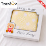 HAPPIMUMS BABY PLUSH SLEEPING BLANKET DOUBLE PLY BLUE STAR & FLOWER 110 x 80 - CREAM