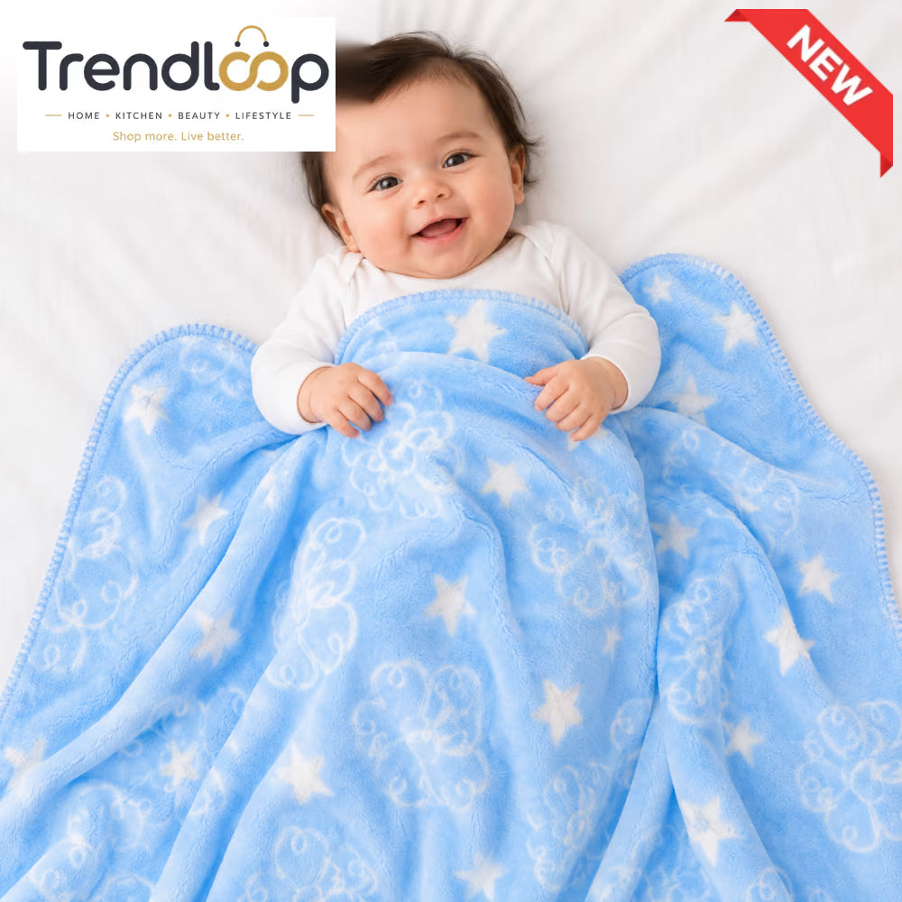 HAPPIMUMS BABY PLUSH SLEEPING BLANKET DOUBLE PLY BLUE STAR & FLOWER 110 x 80 - BLUE