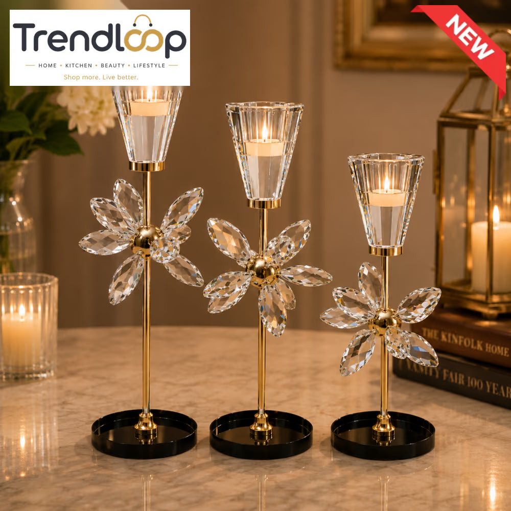 LUXURY CRYSTAL FLOWER TEALIGHT CANDLE HOLDER SET - 3 PCS