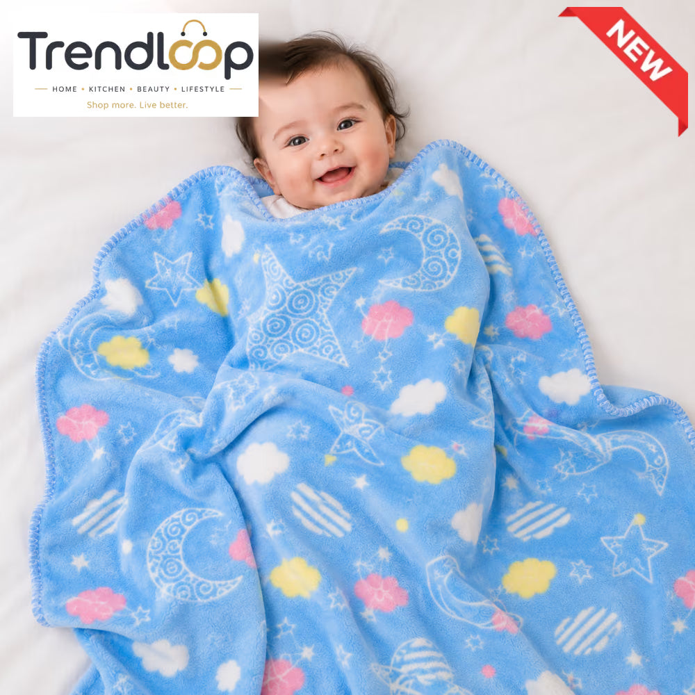 HAPPIMUMS BABY PLUSH SLEEPING BLANKET DOUBLE PLY SPACE DREAM  110 × 80 CM - BLUE