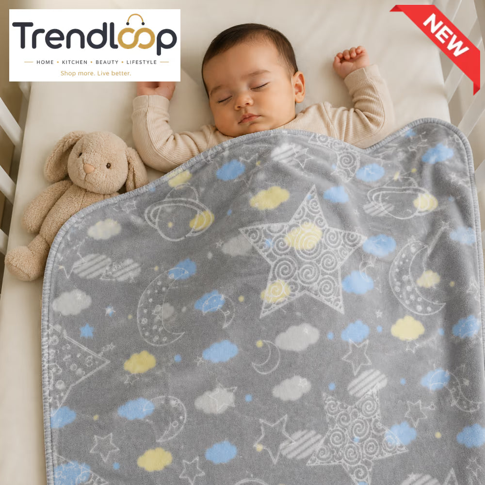 HAPPIMUMS BABY PLUSH SLEEPING BLANKET DOUBLE PLY SPACE DREAM  110 × 80 CM - BLUE