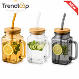 SQUARE GLASS MASON JAR TUMBLER WITH BAMBOO LID & REUSABLE STRAW