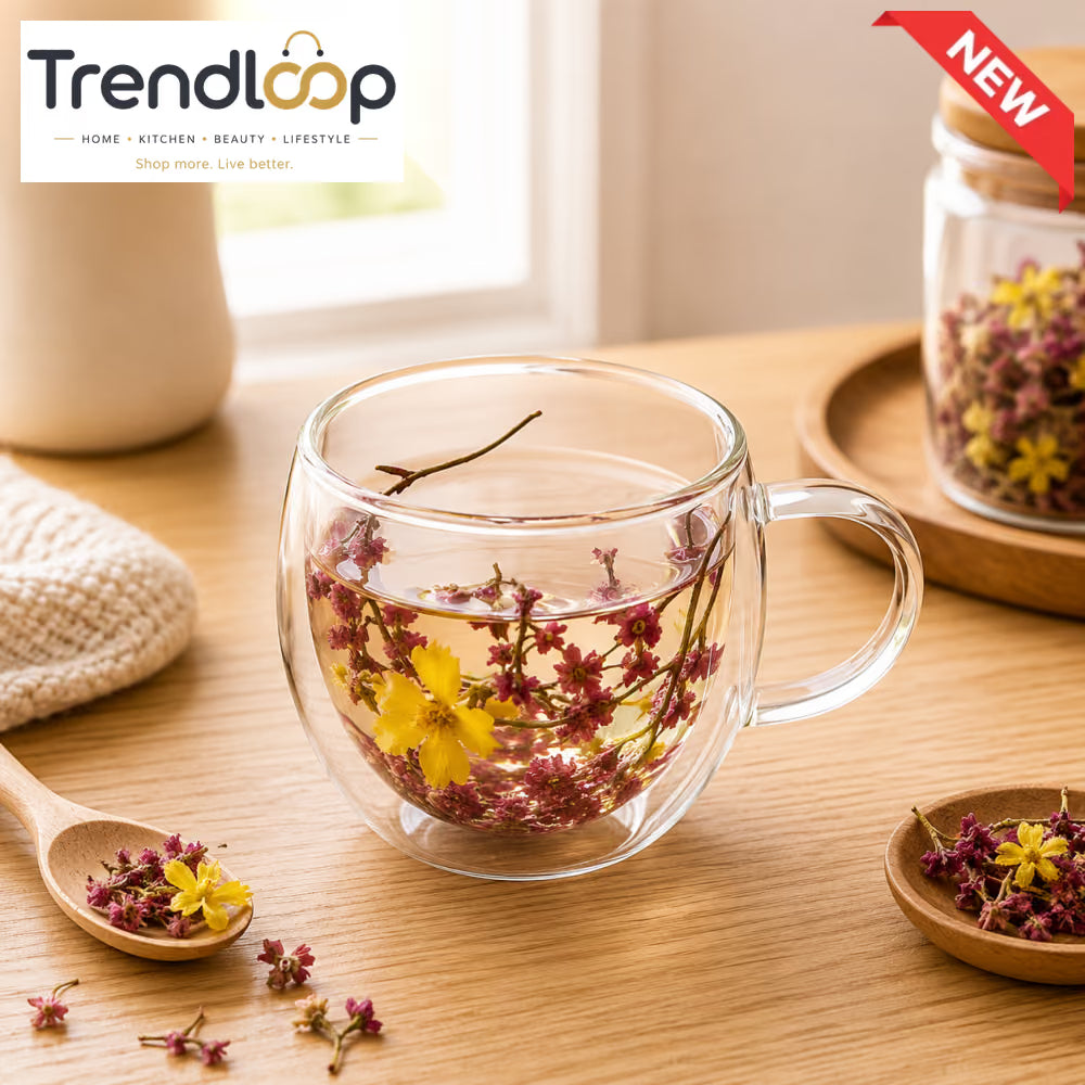 DOUBLE WALL FLORAL GLASS TEA MUG - 250ML