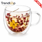 DOUBLE WALL FLORAL GLASS TEA MUG - 250ML