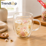 DOUBLE WALL FLORAL GLASS TEA MUG - 350 ML
