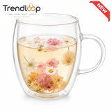 DOUBLE WALL FLORAL GLASS TEA MUG - 350 ML