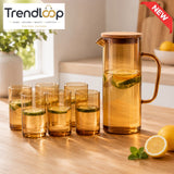 AMBER GLASS WATER PITCHER SET WITH 6 DRINKING GLASSES - GOLDEN