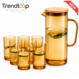 AMBER GLASS WATER PITCHER SET WITH 6 DRINKING GLASSES - GOLDEN