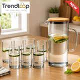 CLEAR GLASS WATER PITCHER SET WITH 6 DRINKING GLASSES & ROUND BAMBOO TRAY - LIGHT BLACK