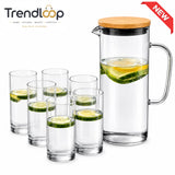 CLEAR GLASS WATER PITCHER SET WITH 6 DRINKING GLASSES & ROUND BAMBOO TRAY - LIGHT BLACK