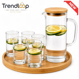 CLEAR GLASS WATER PITCHER SET WITH 6 DRINKING GLASSES & ROUND BAMBOO TRAY - WHITE