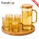 AMBER ROUND GLASS WATER PITCHER SET WITH 4 RIBBED GLASSES & BAMBOO TRAY - YELLOW