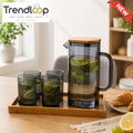RECTANGULAR GLASS WATER PITCHER SET WITH 4 RIBBED GLASSES & BAMBOO TRAY - SMOKY GRAY