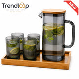 RECTANGULAR GLASS WATER PITCHER SET WITH 4 RIBBED GLASSES & BAMBOO TRAY - SMOKY GRAY