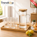 AMBER GLASS WATER PITCHER SET WITH 4 RIBBED GLASSES & BAMBOO TRAY- RECTANGULAR  SHAPE