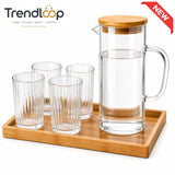AMBER GLASS WATER PITCHER SET WITH 4 RIBBED GLASSES & BAMBOO TRAY- RECTANGULAR  SHAPE