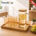 AMBER GLASS WATER PITCHER SET WITH 4 RIBBED GLASSES & BAMBOO TRAY - ORANGE