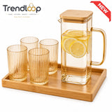 AMBER GLASS WATER PITCHER SET WITH 4 RIBBED GLASSES & BAMBOO TRAY - ORANGE
