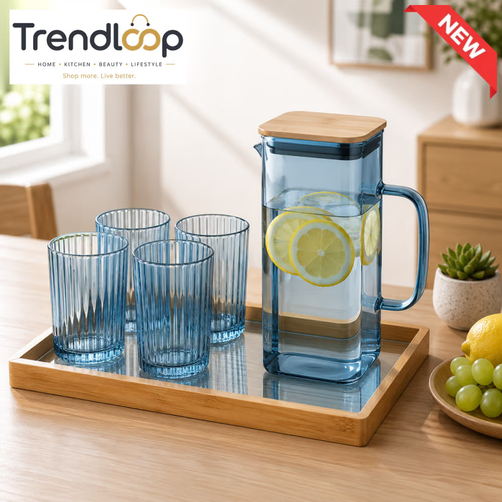 GLASS WATER PITCHER SET WITH 4 RIBBED GLASSES & BAMBOO TRAY - BLUE