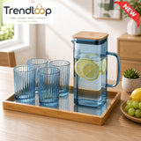 GLASS WATER PITCHER SET WITH 4 RIBBED GLASSES & BAMBOO TRAY - BLUE