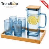 GLASS WATER PITCHER SET WITH 4 RIBBED GLASSES & BAMBOO TRAY - BLUE